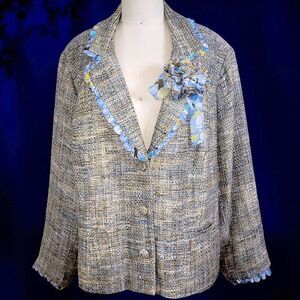 Meadow Bloom floral ivory pale blue Tweed plus size Jacket blazer